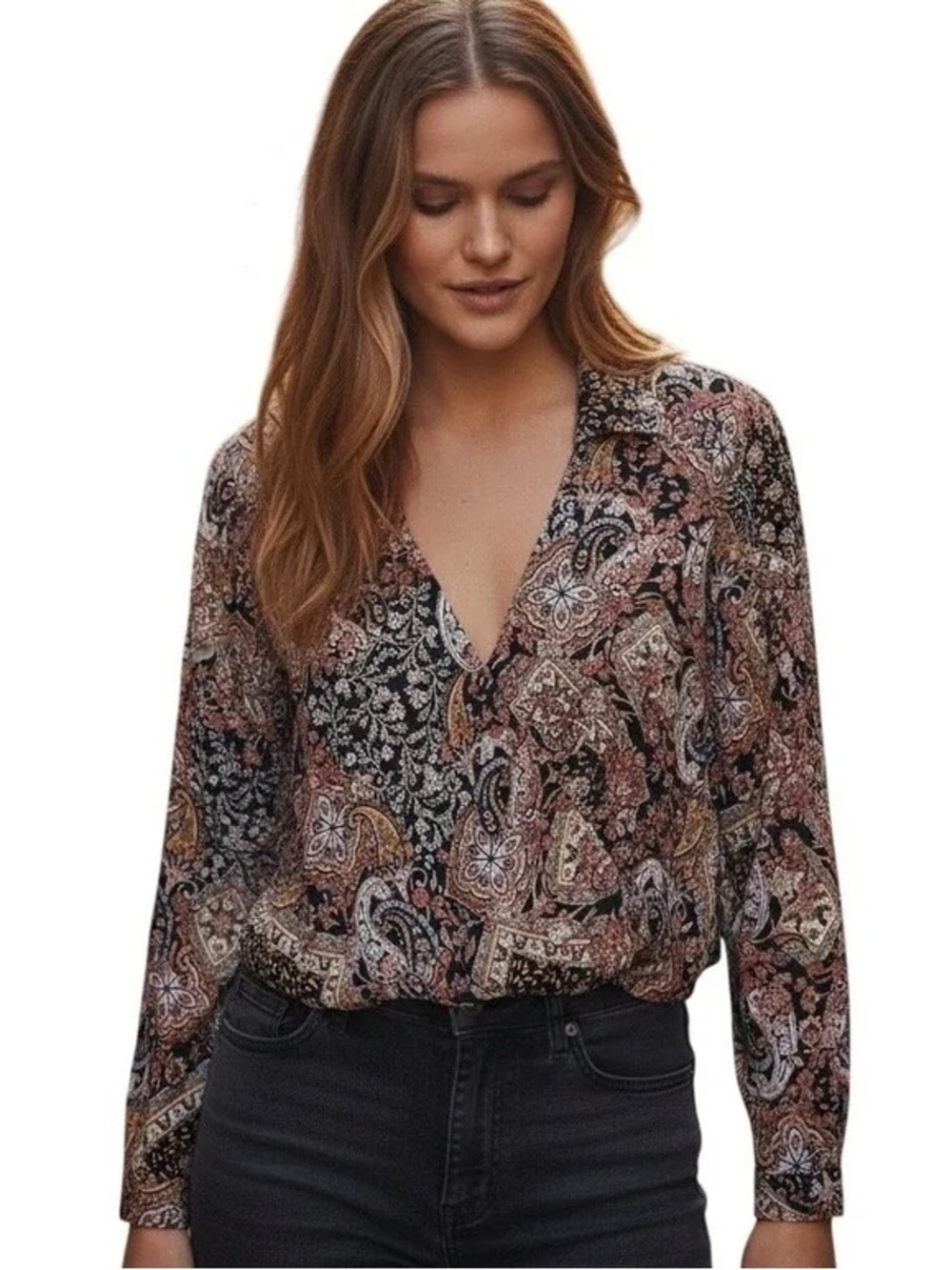 Haute Hippie M Floral Paisley Cropped Faux Wrap Blouse Retro Boho Flowy Fall